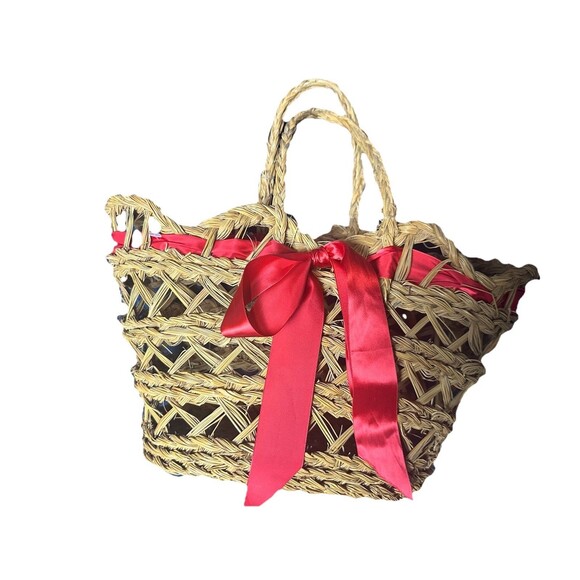 Straw beach bag Cute Retro Open Weave Red Ribbon - Picture 1 of 4